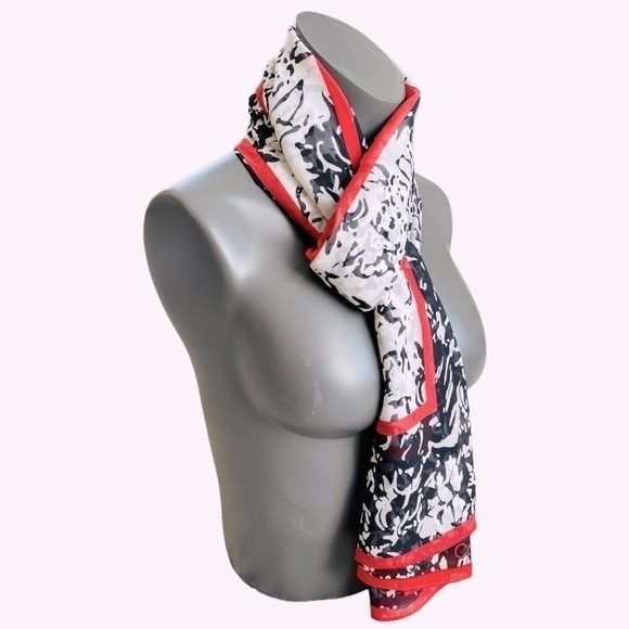 CALVIN KLEIN Black White Red Floral Abstract Print Chiffon Scarf Neckerchief - Picture 2 of 4